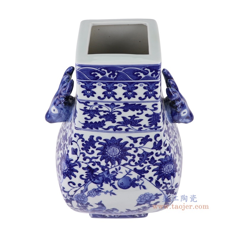 青花缠枝莲开窗花鸟纹鹿耳四面福桶瓶,产品编号:RYUJ41 产品尺寸(单位cm): 高30.8直径20口径3.8底径9.3重量2.75KG