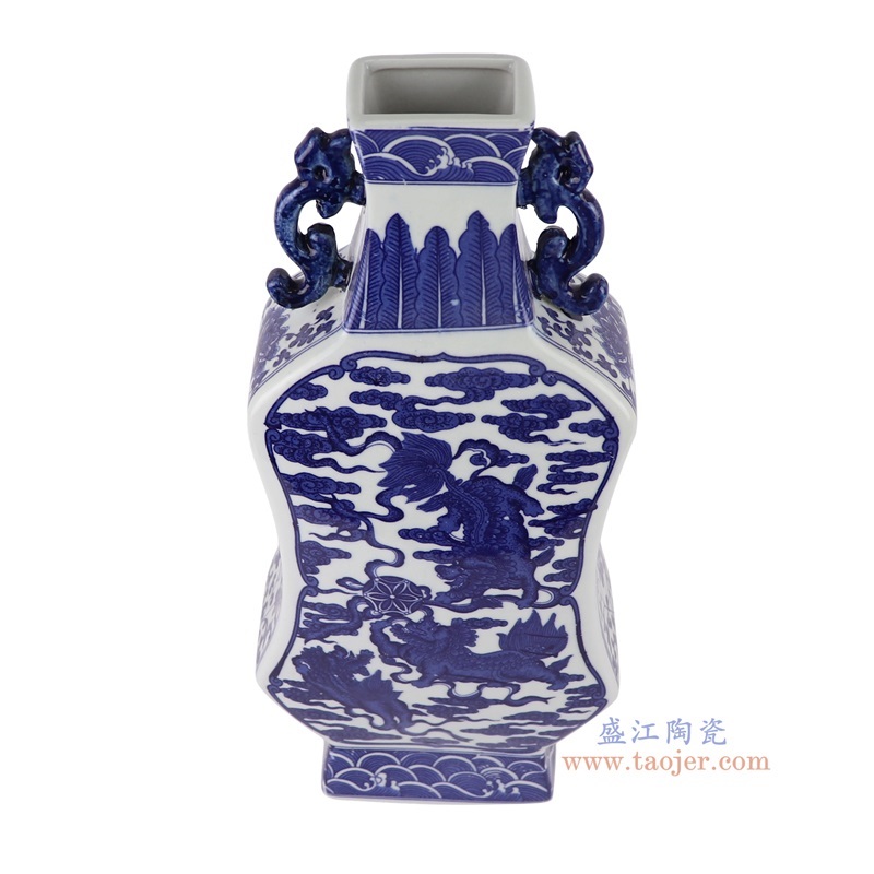 青花麒麟纹四面扁肚双耳葫芦瓶,产品编号:RYUJ42-A 产品尺寸(单位cm): 高38.6直径17.3口径3底径12重量2.15KG