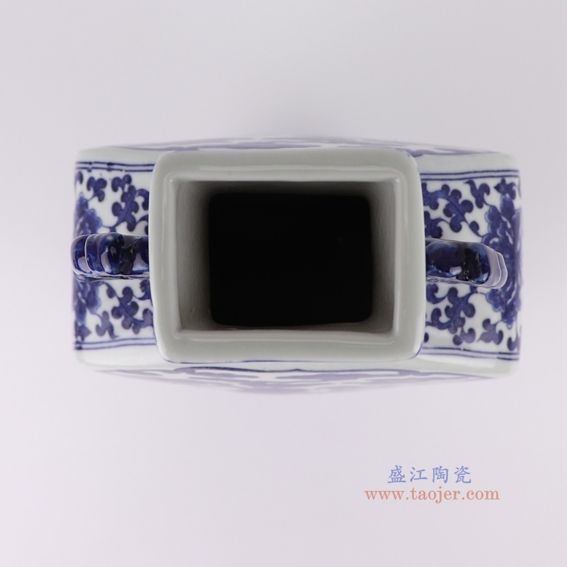 青花麒麟纹四面扁肚双耳葫芦瓶,产品编号:RYUJ42-A 产品尺寸(单位cm): 高38.6直径17.3口径3底径12重量2.15KG