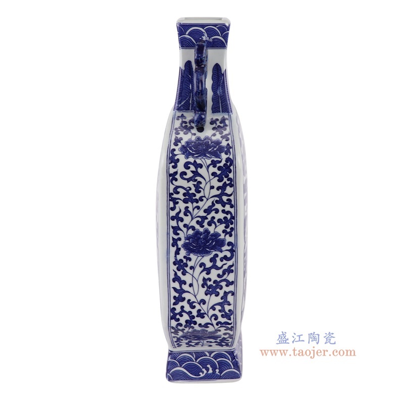 青花麒麟纹四面扁肚双耳葫芦瓶,产品编号:RYUJ42-A 产品尺寸(单位cm): 高38.6直径17.3口径3底径12重量2.15KG
