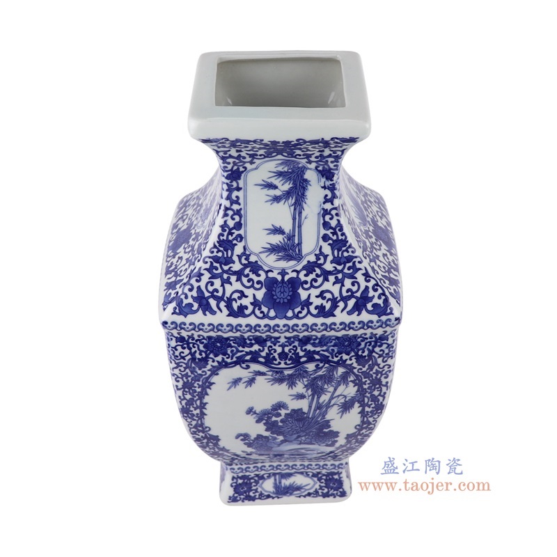青花缠枝莲开窗花鸟四面花瓶,产品编号:RYUJ43 产品尺寸(单位cm): 高36直径16.4口径1.2底径11重量2.75KG