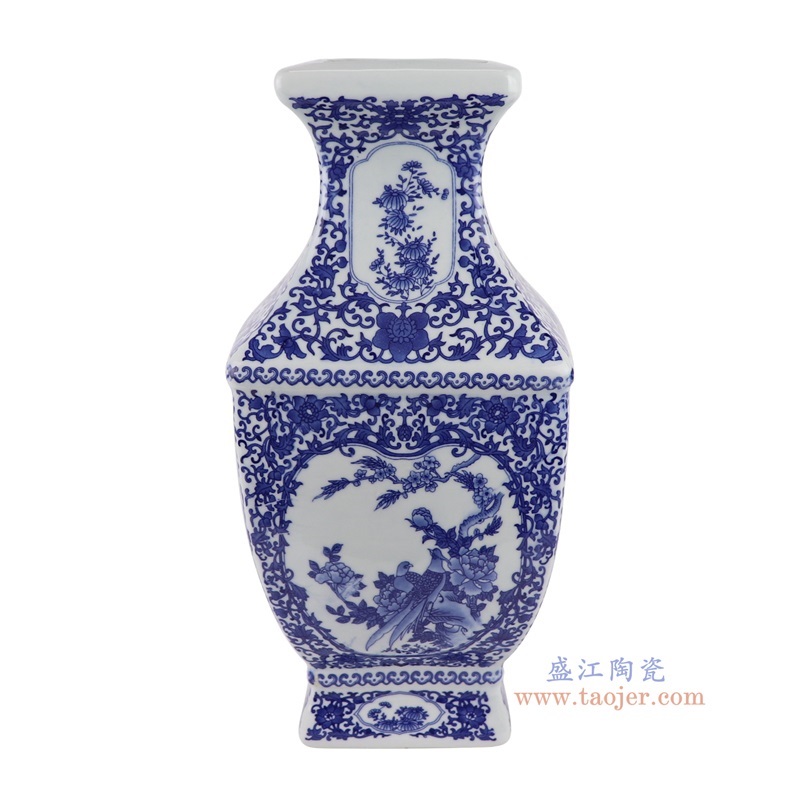 青花缠枝莲开窗花鸟四面花瓶,产品编号:RYUJ43 产品尺寸(单位cm): 高36直径16.4口径1.2底径11重量2.75KG