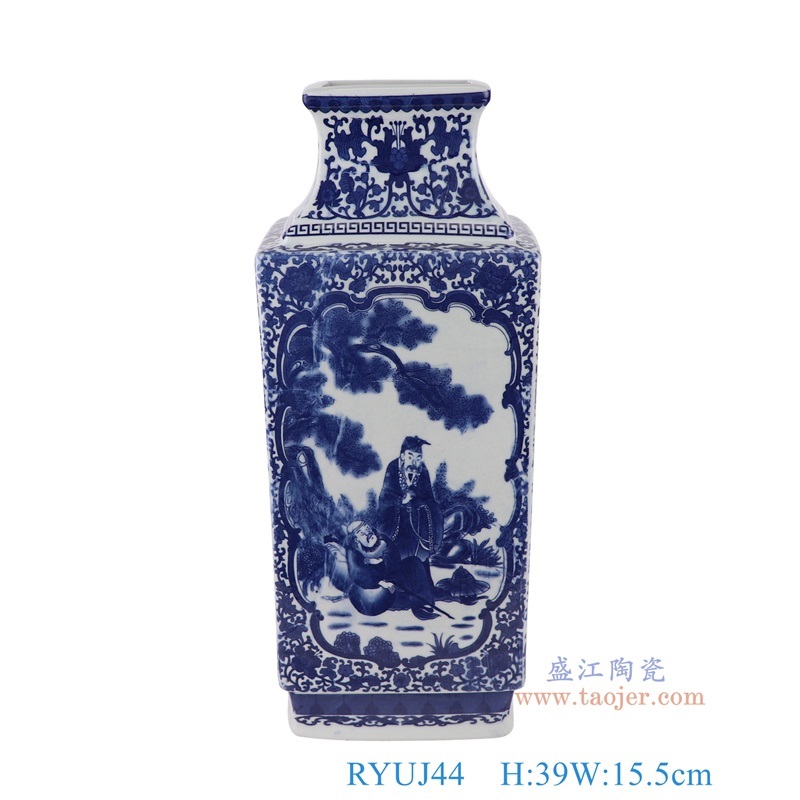 青花缠枝莲开窗人物四方花瓶,产品编号:RYUJ44 产品尺寸(单位cm): 高39直径15.5口径1.6底径14.3重量3.45KG