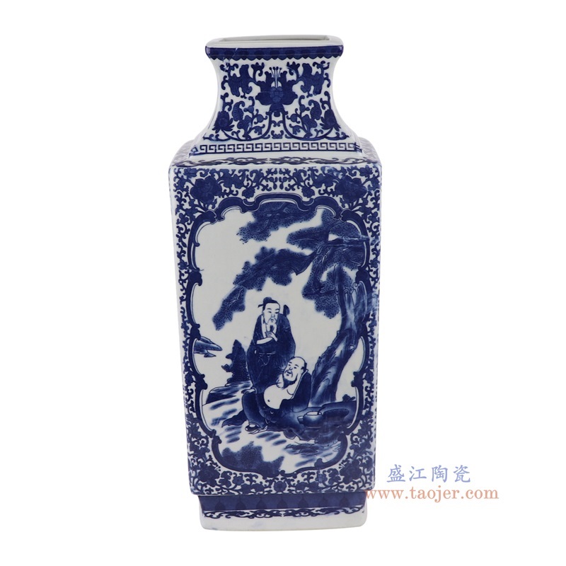 青花缠枝莲开窗人物四方花瓶,产品编号:RYUJ44 产品尺寸(单位cm): 高39直径15.5口径1.6底径14.3重量3.45KG
