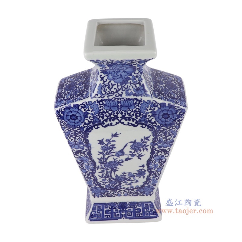 青花缠枝莲龙纹开窗花鸟纹四面扁肚扇形瓶,产品编号:RYUJ45 产品尺寸(单位cm): 高36.3直径20.2口径1.7底径重量2.75KG