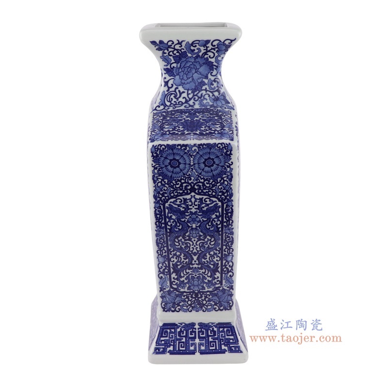 青花缠枝莲龙纹开窗花鸟纹四面扁肚扇形瓶,产品编号:RYUJ45 产品尺寸(单位cm): 高36.3直径20.2口径1.7底径重量2.75KG