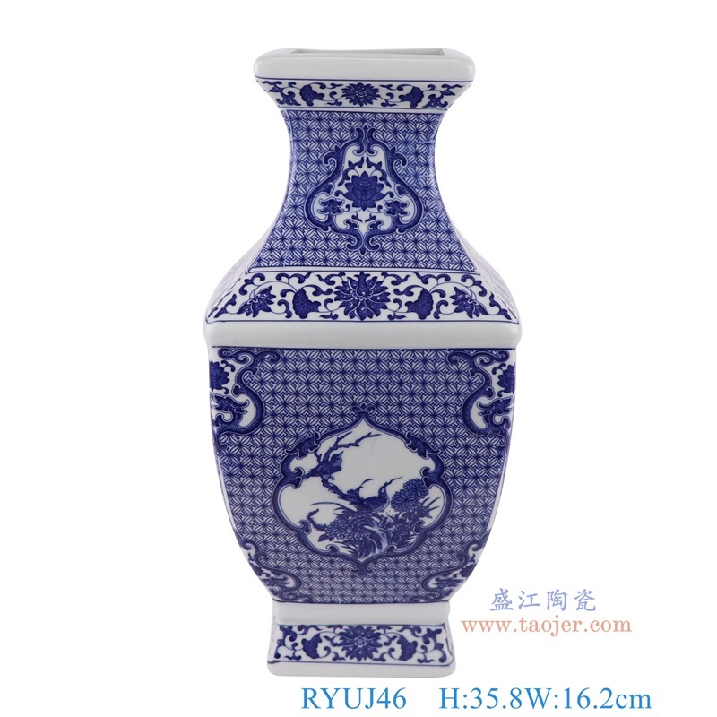 青花开窗花鸟四面花瓶,产品编号:RYUJ46 产品尺寸(单位cm): 高35.8直径16.2口径30底径11.3重量3.05KG