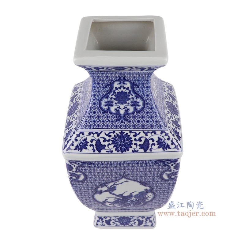 青花开窗花鸟四面花瓶,产品编号:RYUJ46 产品尺寸(单位cm): 高35.8直径16.2口径30底径11.3重量3.05KG