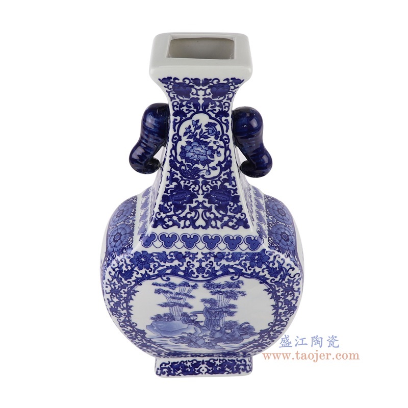 青花开窗人物花鸟四面象耳瓶,产品编号:RYUJ47 产品尺寸(单位cm): 高35.7直径20.3口径底径10.6重量2.25KG