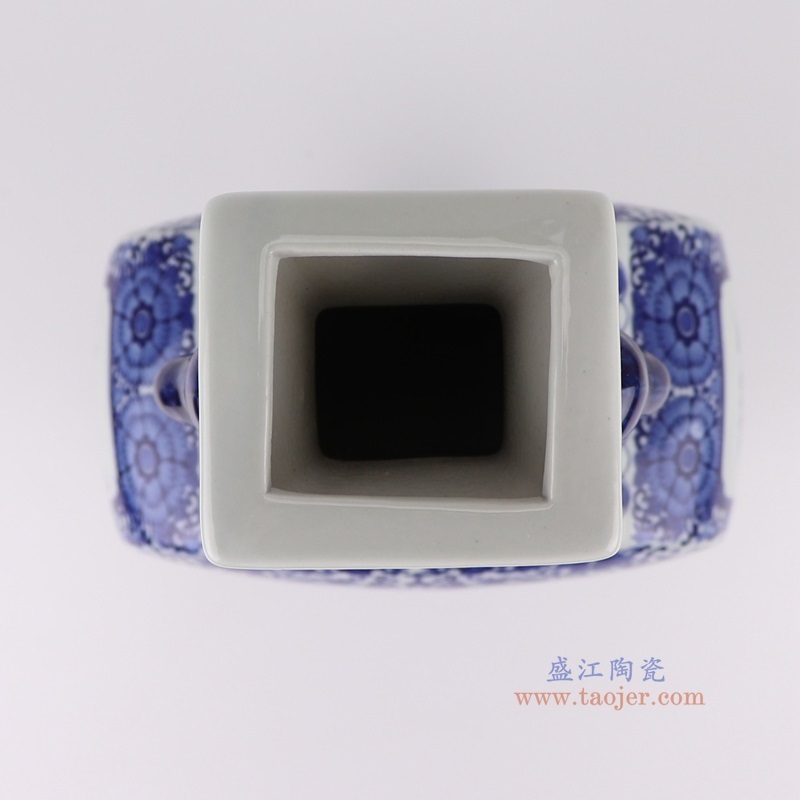 青花开窗人物花鸟四面象耳瓶,产品编号:RYUJ47 产品尺寸(单位cm): 高35.7直径20.3口径底径10.6重量2.25KG