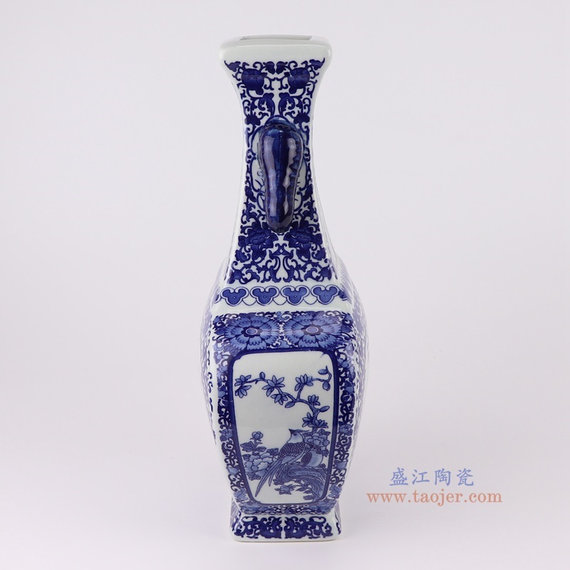 青花开窗人物花鸟四面象耳瓶,产品编号:RYUJ47 产品尺寸(单位cm): 高35.7直径20.3口径底径10.6重量2.25KG