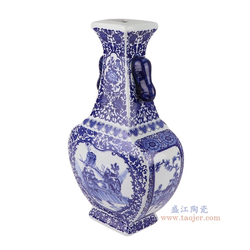 青花开窗人物花鸟四面象耳瓶,产品编号:RYUJ47 产品尺寸(单位cm): 高35.7直径20.3口径底径10.6重量2.25KG