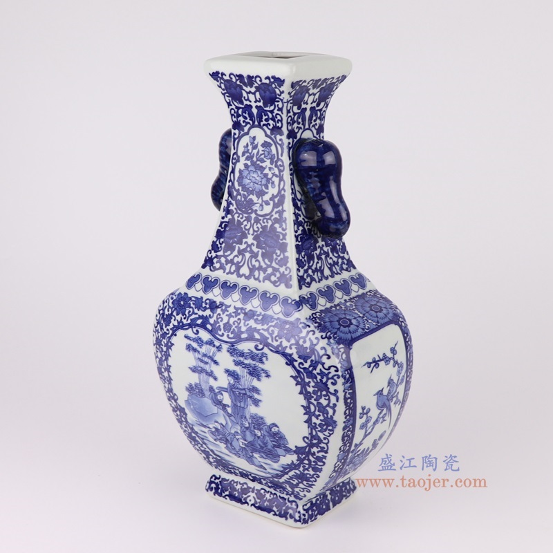 青花开窗人物花鸟四面象耳瓶,产品编号:RYUJ47 产品尺寸(单位cm): 高35.7直径20.3口径底径10.6重量2.25KG