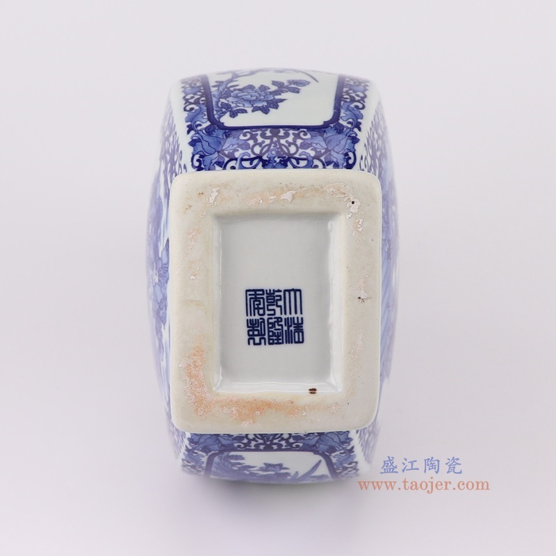 青花开窗人物花鸟四面象耳瓶,产品编号:RYUJ47 产品尺寸(单位cm): 高35.7直径20.3口径底径10.6重量2.25KG