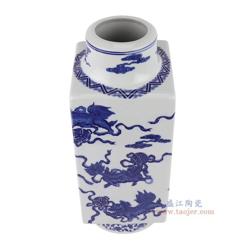 青花狮子纹四方直筒茶叶罐,产品编号:RYUJ48 产品尺寸(单位cm): 高34.3直径13.4口径14.5底径13.4重量2.7KG