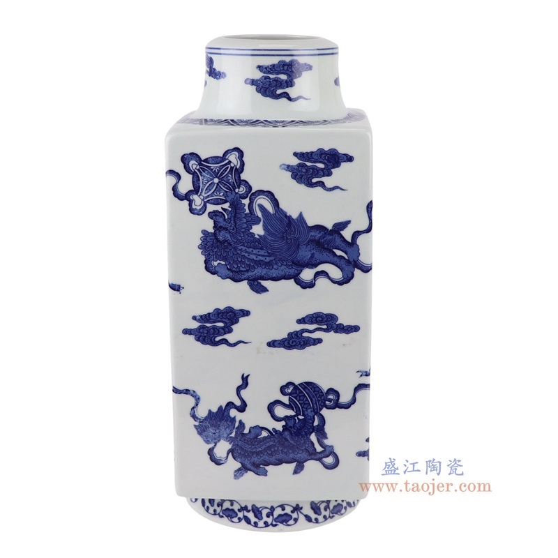 青花狮子纹四方直筒茶叶罐,产品编号:RYUJ48 产品尺寸(单位cm): 高34.3直径13.4口径14.5底径13.4重量2.7KG