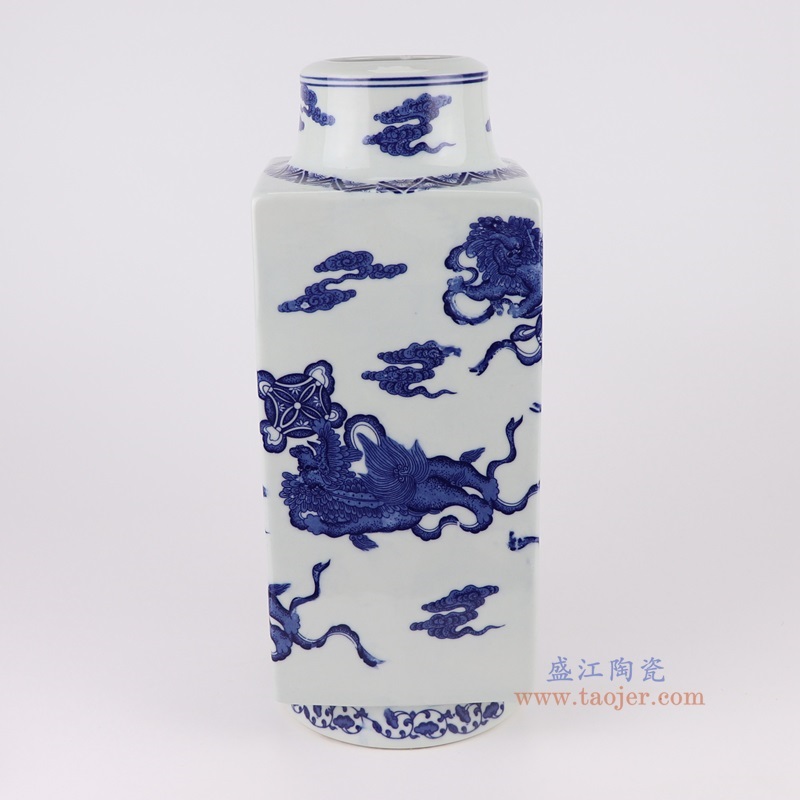 青花狮子纹四方直筒茶叶罐,产品编号:RYUJ48 产品尺寸(单位cm): 高34.3直径13.4口径14.5底径13.4重量2.7KG