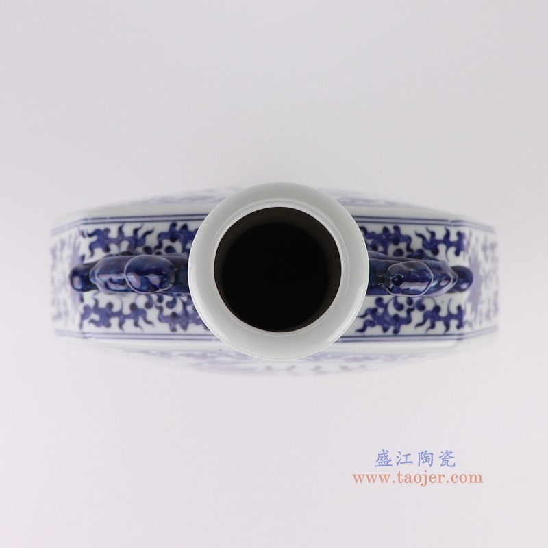 青花缠枝莲麒麟纹八边形抱月瓶,产品编号:RYUJ49 产品尺寸(单位cm): 高36.2直径23.7口径19.5底径10.6重量2.7KG