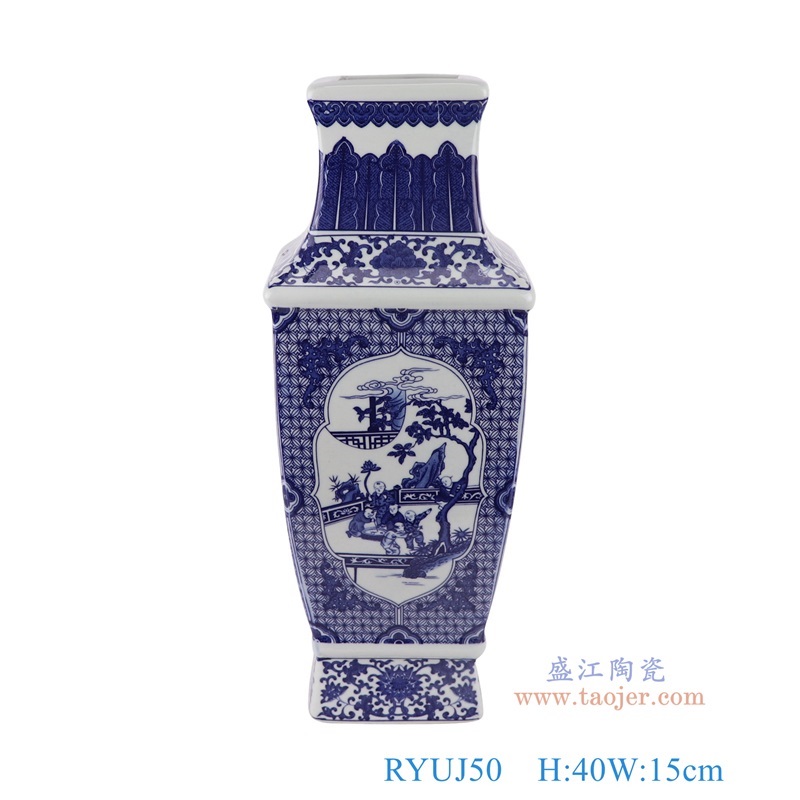 青花开窗婴戏图童子人物四面花瓶,产品编号:RYUJ50 产品尺寸(单位cm): 高40直径15口径底径10.2重量3.4KG