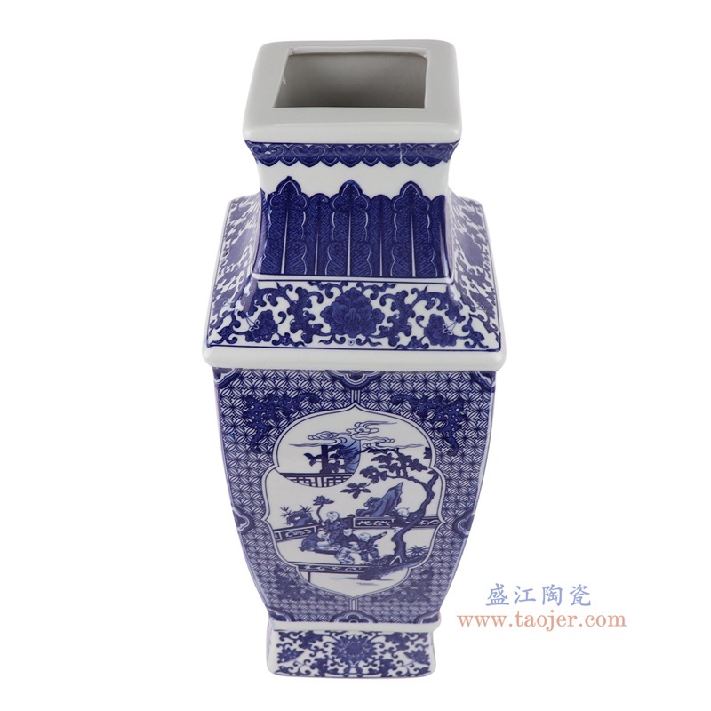 青花开窗婴戏图童子人物四面花瓶,产品编号:RYUJ50 产品尺寸(单位cm): 高40直径15口径底径10.2重量3.4KG