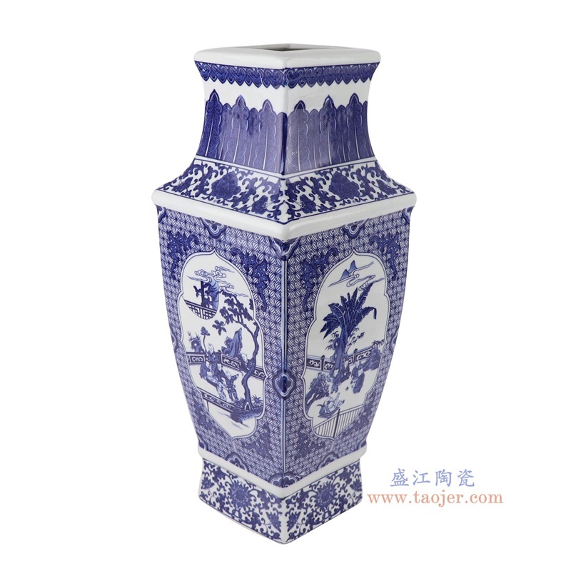 青花开窗婴戏图童子人物四面花瓶,产品编号:RYUJ50 产品尺寸(单位cm): 高40直径15口径底径10.2重量3.4KG