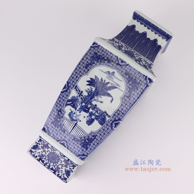 青花开窗婴戏图童子人物四面花瓶,产品编号:RYUJ50 产品尺寸(单位cm): 高40直径15口径底径10.2重量3.4KG