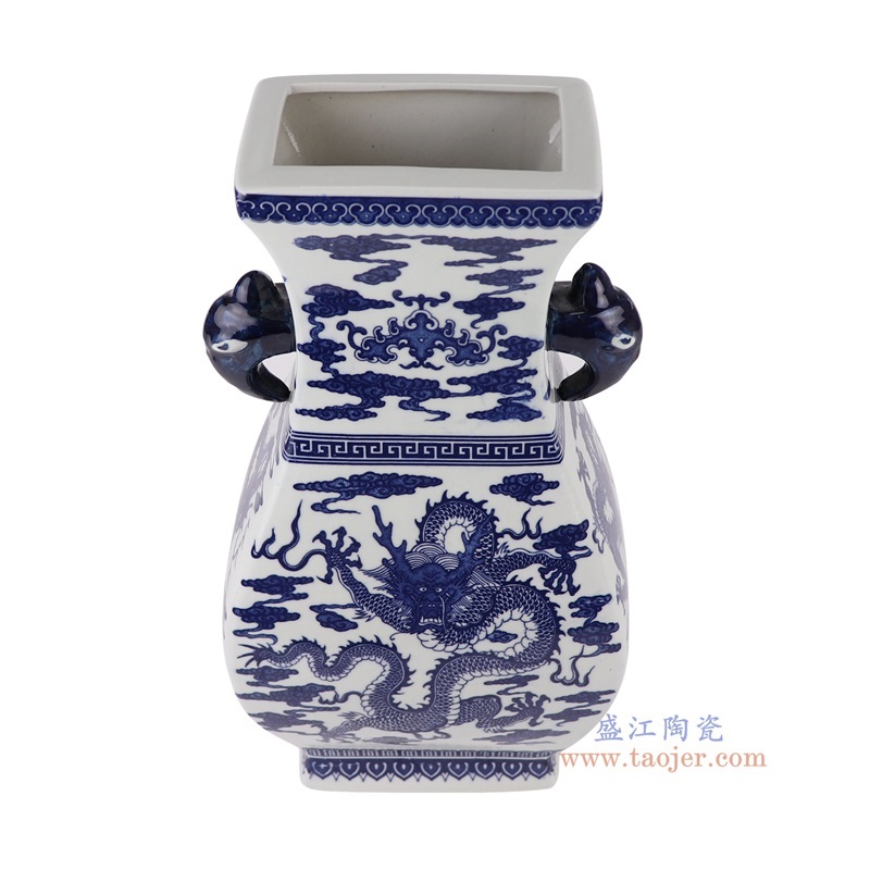 青花缠枝莲龙纹四面双耳瓶,产品编号:RYUJ51 产品尺寸(单位cm): 高37.2直径19.7口径13底径14重量2.7KG