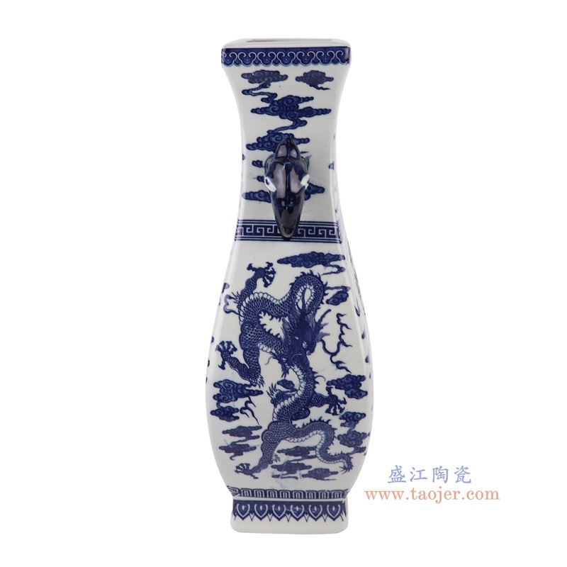 青花缠枝莲龙纹四面双耳瓶,产品编号:RYUJ51 产品尺寸(单位cm): 高37.2直径19.7口径13底径14重量2.7KG
