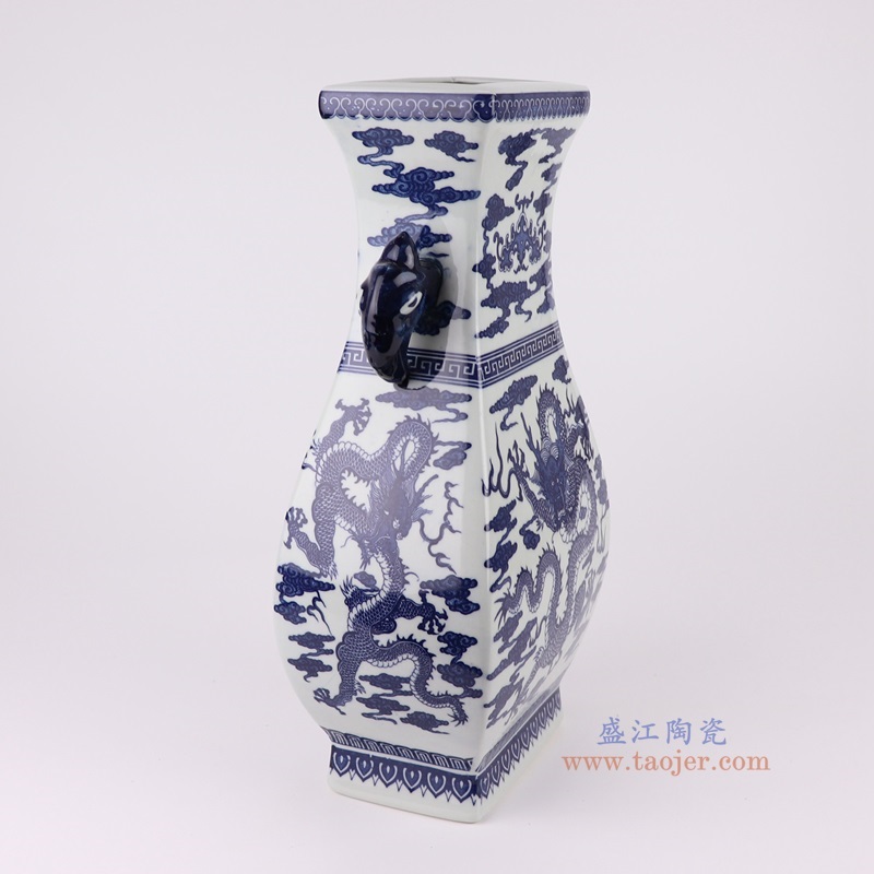 青花缠枝莲龙纹四面双耳瓶,产品编号:RYUJ51 产品尺寸(单位cm): 高37.2直径19.7口径13底径14重量2.7KG
