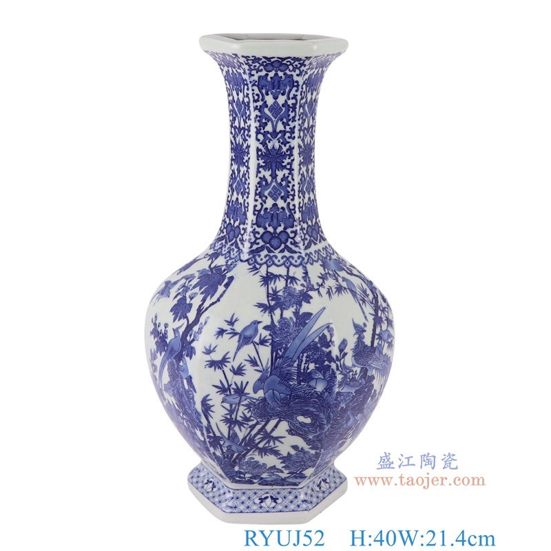 青花百鸟朝凤花鸟六面赏瓶,产品编号:RYUJ52 产品尺寸(单位cm): 高40直径21.4口径9.8底径13.5重量3.1KG