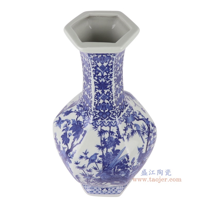 青花百鸟朝凤花鸟六面赏瓶,产品编号:RYUJ52 产品尺寸(单位cm): 高40直径21.4口径9.8底径13.5重量3.1KG