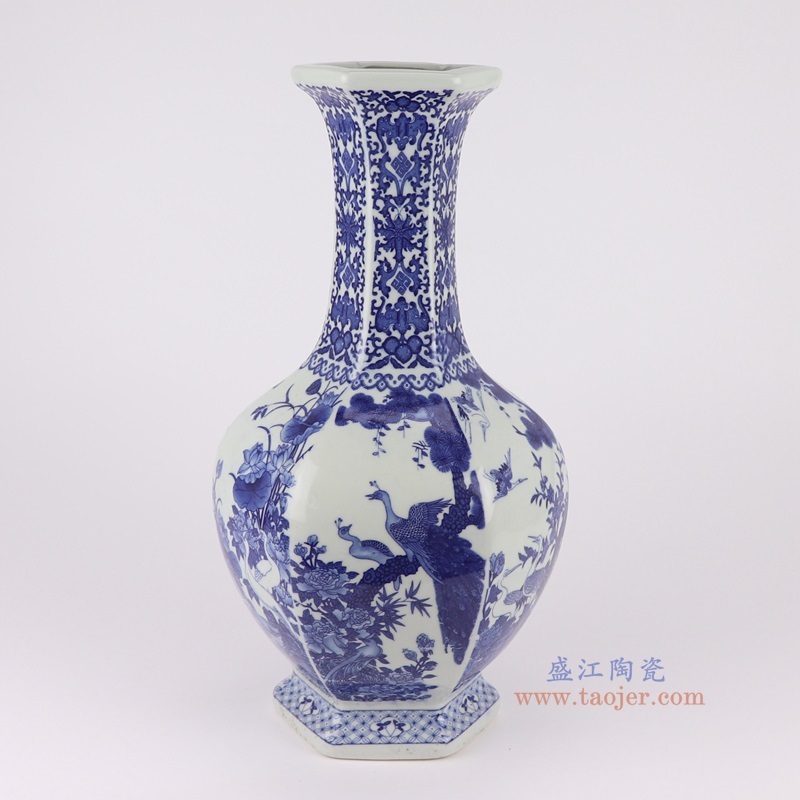 青花百鸟朝凤花鸟六面赏瓶,产品编号:RYUJ52 产品尺寸(单位cm): 高40直径21.4口径9.8底径13.5重量3.1KG