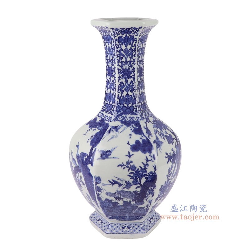 青花百鸟朝凤花鸟六面赏瓶,产品编号:RYUJ52 产品尺寸(单位cm): 高40直径21.4口径9.8底径13.5重量3.1KG