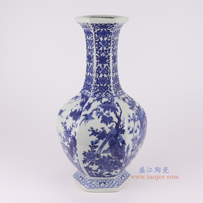 青花百鸟朝凤花鸟六面赏瓶,产品编号:RYUJ52 产品尺寸(单位cm): 高40直径21.4口径9.8底径13.5重量3.1KG