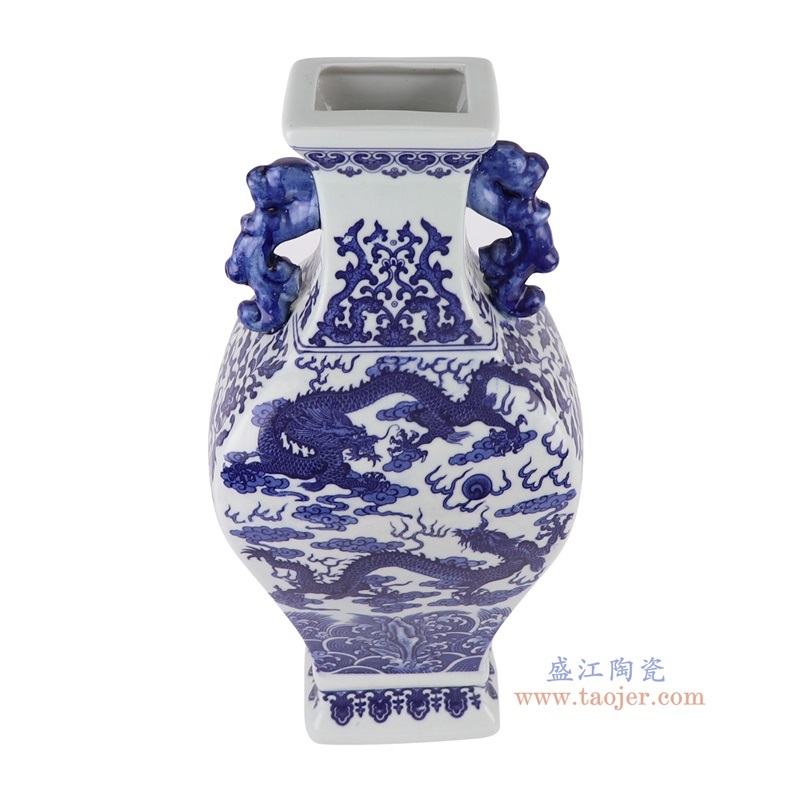 青花缠枝莲龙纹四面双耳瓶,产品编号:RYUJ53 产品尺寸(单位cm): 高40.5直径19.7口径13.7底径11.6重量3.1KG