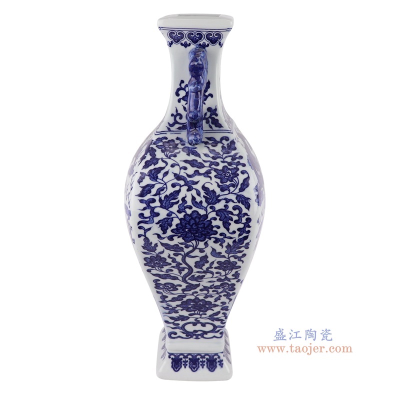 青花缠枝莲龙纹四面双耳瓶,产品编号:RYUJ53 产品尺寸(单位cm): 高40.5直径19.7口径13.7底径11.6重量3.1KG