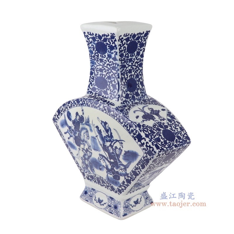 青花缠枝莲开窗人物战将四面扇形瓶,产品编号:RYUJ55 产品尺寸(单位cm): 高34.5直径28口径底径11.7重量3KG
