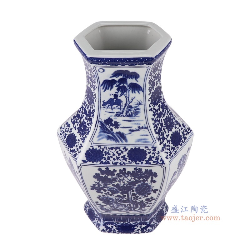 青花缠枝莲开窗山水花鸟六面花瓶,产品编号:RYUJ56 产品尺寸(单位cm): 高36.8直径22口径底径16重量3KG