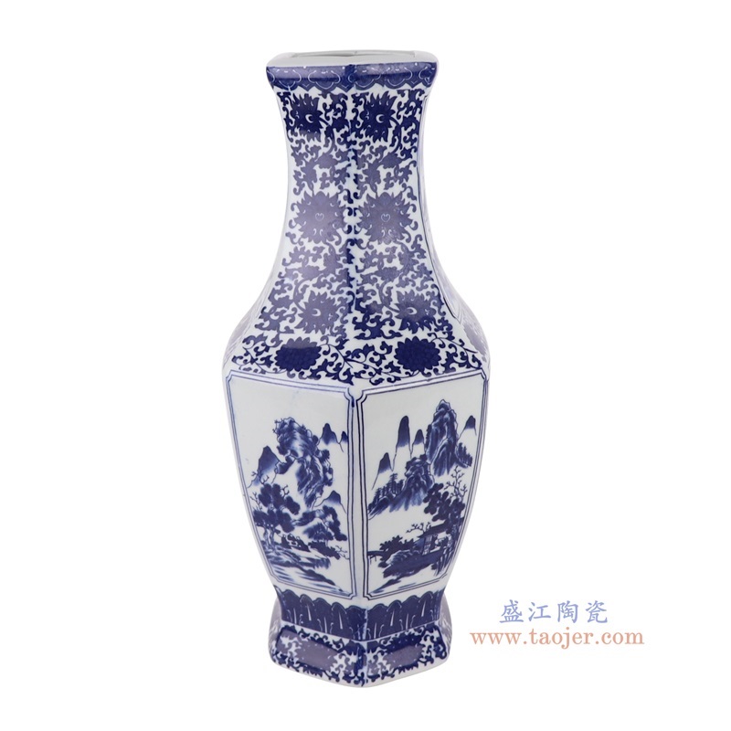 青花缠枝莲开窗山水花鸟六面花瓶,产品编号:RYUJ56 产品尺寸(单位cm): 高36.8直径22口径底径16重量3KG