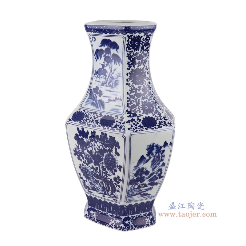 青花缠枝莲开窗山水花鸟六面花瓶,产品编号:RYUJ56 产品尺寸(单位cm): 高36.8直径22口径底径16重量3KG