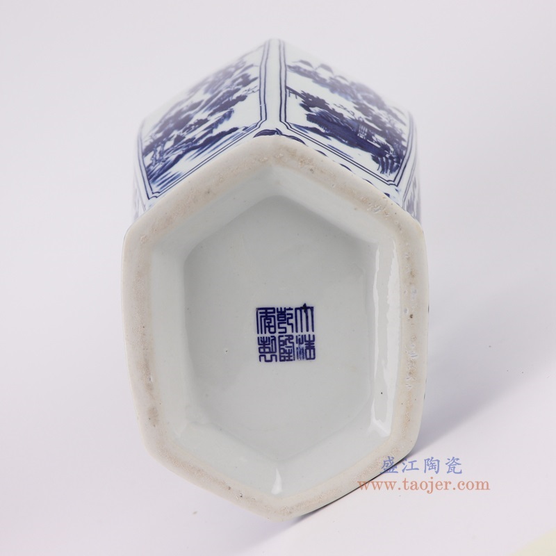 青花缠枝莲开窗山水花鸟六面花瓶,产品编号:RYUJ56 产品尺寸(单位cm): 高36.8直径22口径底径16重量3KG