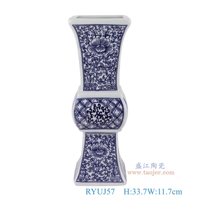 青花缠枝牡丹纹四方花菇瓶,产品编号:RYUJ57 产品尺寸(单位cm): 高33.7直径11.7口径17底径11重量1.95KG