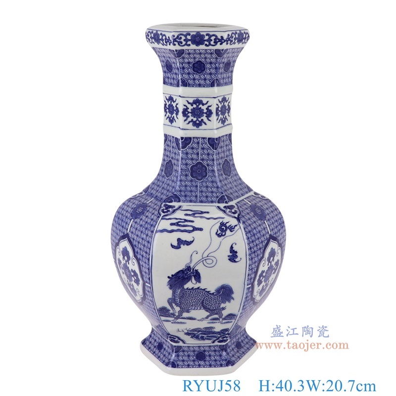 青花开窗麒麟献瑞纹六面赏瓶,产品编号:RYUJ58 产品尺寸(单位cm): 高40.3直径20.7口径13.3底径14.7重量3KG