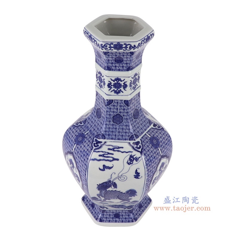 青花开窗麒麟献瑞纹六面赏瓶,产品编号:RYUJ58 产品尺寸(单位cm): 高40.3直径20.7口径13.3底径14.7重量3KG