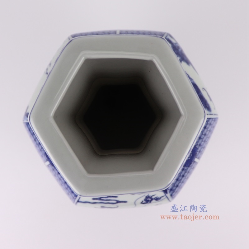 青花开窗麒麟献瑞纹六面赏瓶,产品编号:RYUJ58 产品尺寸(单位cm): 高40.3直径20.7口径13.3底径14.7重量3KG