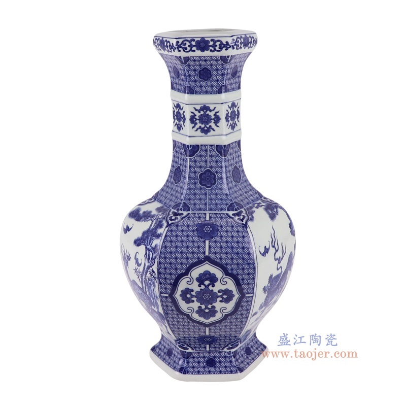 青花开窗麒麟献瑞纹六面赏瓶,产品编号:RYUJ58 产品尺寸(单位cm): 高40.3直径20.7口径13.3底径14.7重量3KG