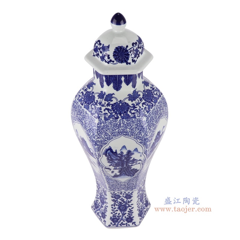 青花缠枝莲开窗山水八面将军罐,产品编号:RYUJ59 产品尺寸(单位cm): 高47.5直径18口径5.5底径13.6重量3.4KG