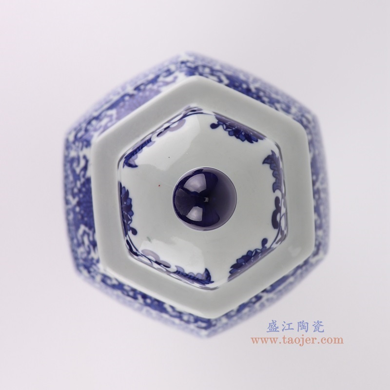 青花缠枝莲开窗山水八面将军罐,产品编号:RYUJ59 产品尺寸(单位cm): 高47.5直径18口径5.5底径13.6重量3.4KG