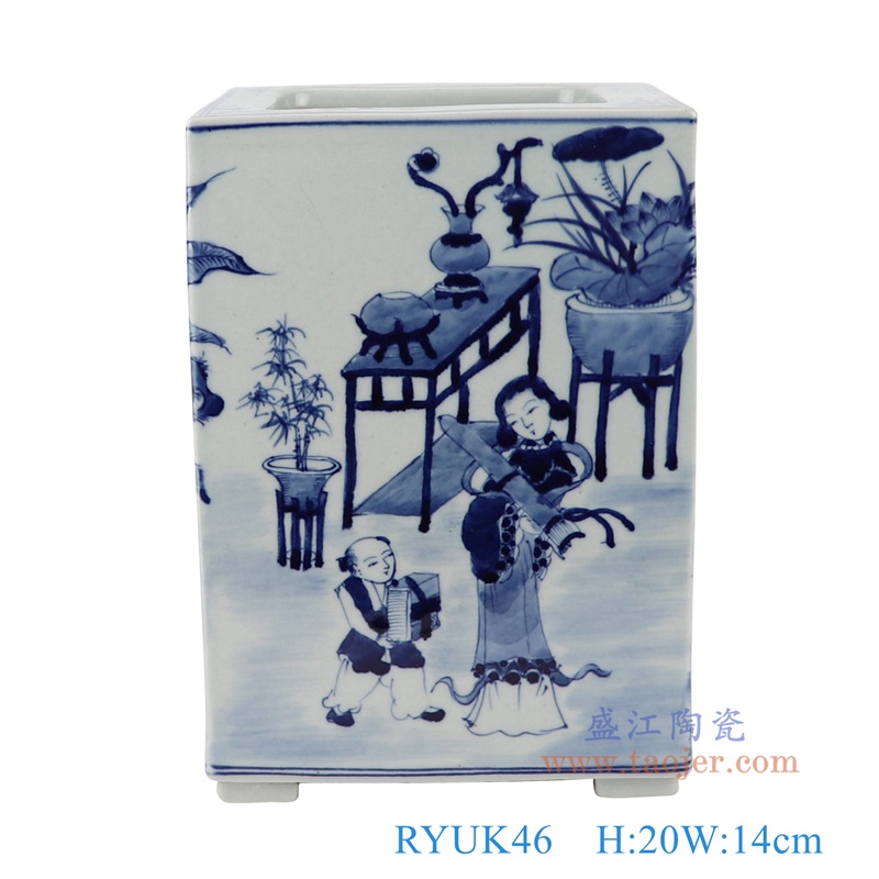 青花仕女孩童人物四方罐,产品编号:RYUK46 产品尺寸(单位cm): 高20直径14口径13底径重量2.1KG