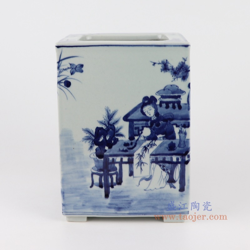 青花仕女孩童人物四方罐,产品编号:RYUK46 产品尺寸(单位cm): 高20直径14口径13底径重量2.1KG